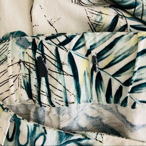 Cream green palm leaf tropical linen wide leg high waisted cropped pants large - Picture 6 of 9